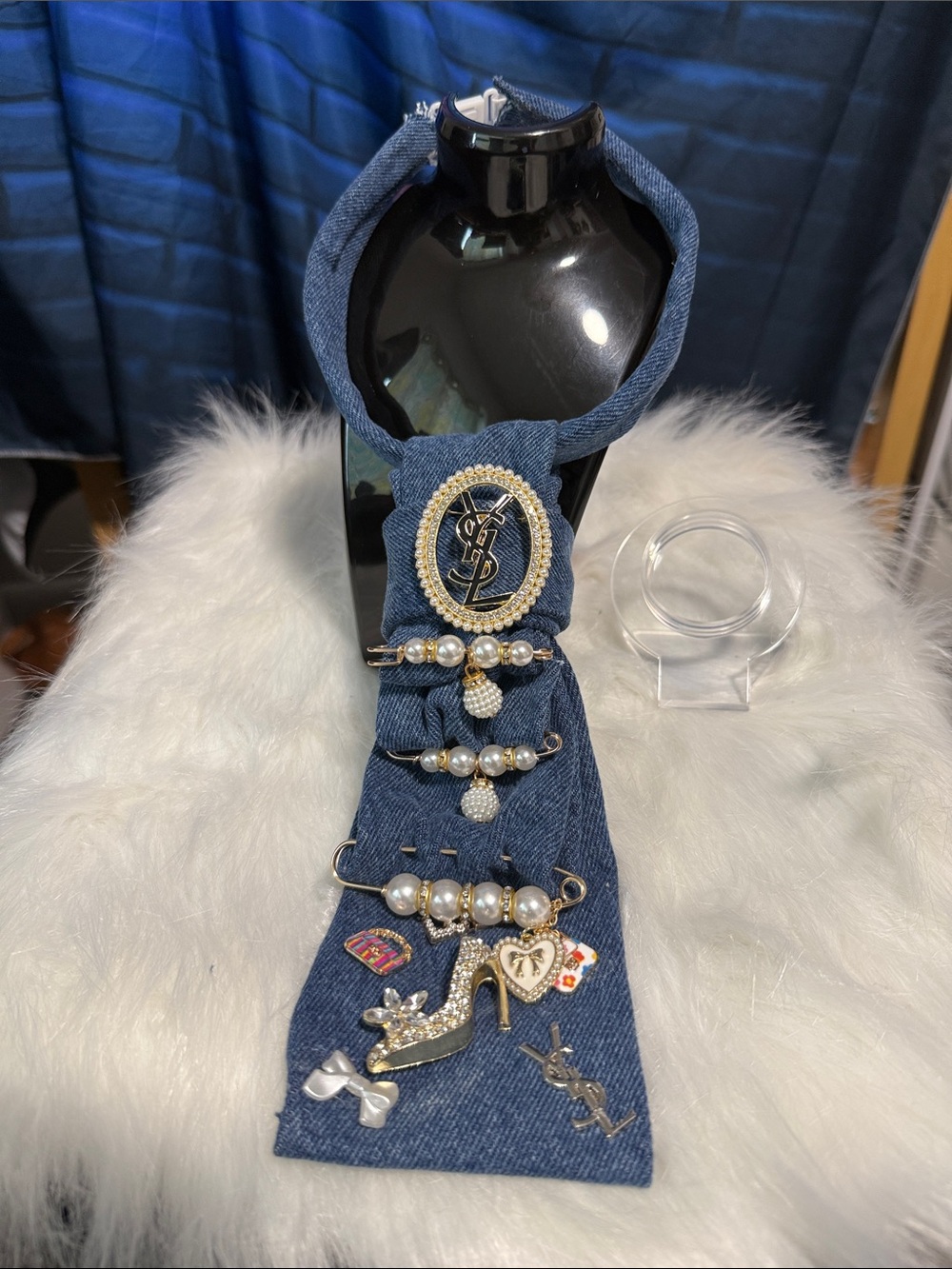 Designer-Inspired Denim Statement Junk Tie Necklace with Pearl Charms